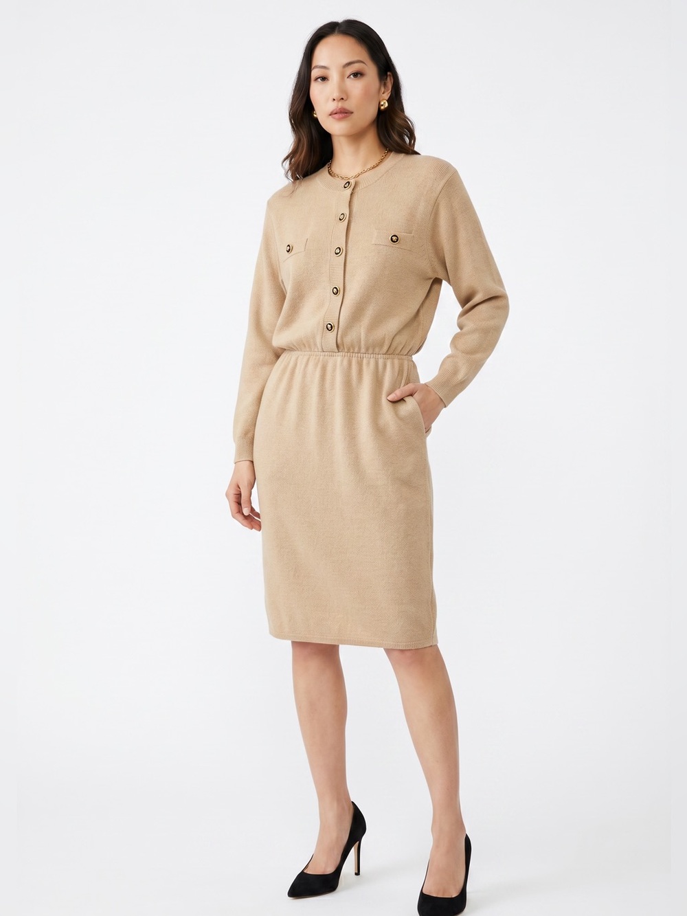 Vintage Saint John Marie Grey Neutral Beige Button-Front Knit Dress Size 4